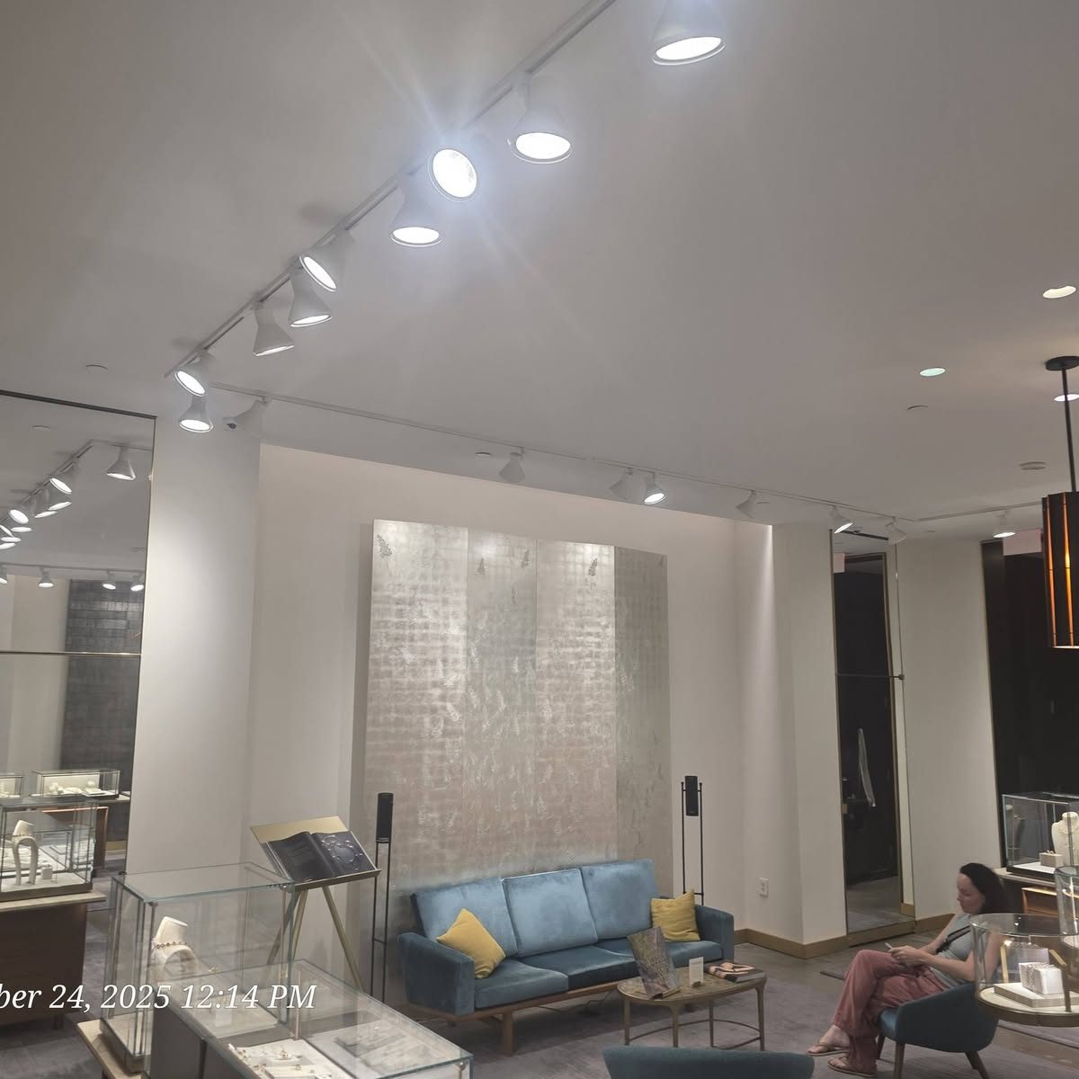 Finished luxury retail interior with track lighting and display cases