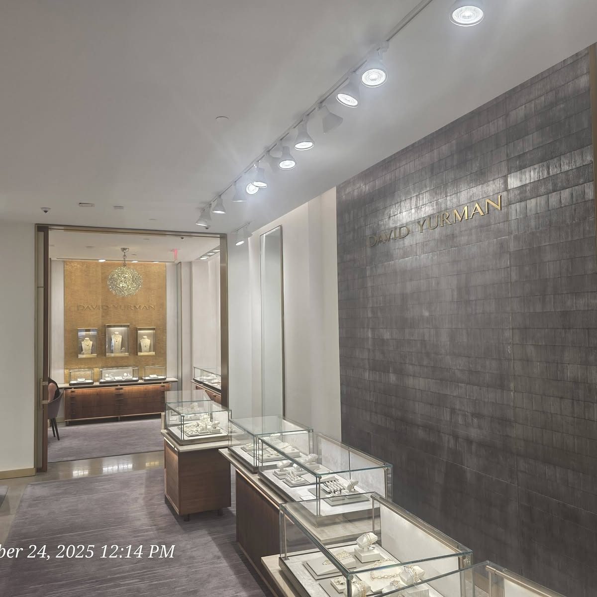 Luxury jewelry retail store interior with textured feature wall and glass display cases
